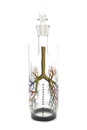 Limited-edition Pleasures × GRAV Gravitron gravity bong with full-color lung artwork and glass funnel bowl on a clear borosilicate bottle.