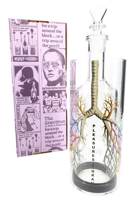 Pleasures × GRAV “Breathe Again” Gravitron displayed beside purple graphic box, showing lung illustration and included glass funnel bowl.