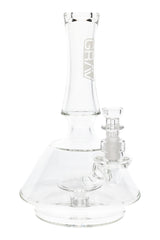 7.5-inch clear GRAV Oracle beaker bong with 14.5 mm bowl, built-in downstem, and 8-slotted mushroom perc, shown upright on a wide 4″ base against white background.
