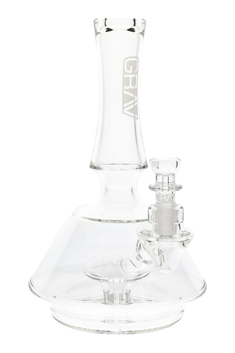 7.5-inch clear GRAV Oracle beaker bong with 14.5 mm bowl, built-in downstem, and 8-slotted mushroom perc, shown upright on a wide 4″ base against white background.