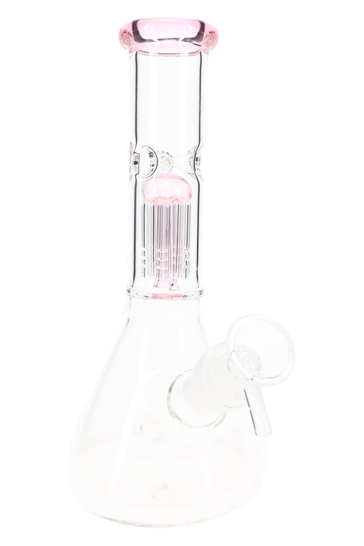 Clear 8½″ GoG beaker bong with pink accent glass, six-arm tree perc and ice pinch, angled hero view