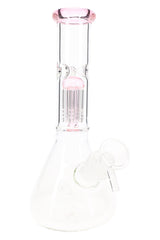 Clear 8½″ GoG beaker bong with pink accent glass, six-arm tree perc and ice pinch, angled hero view