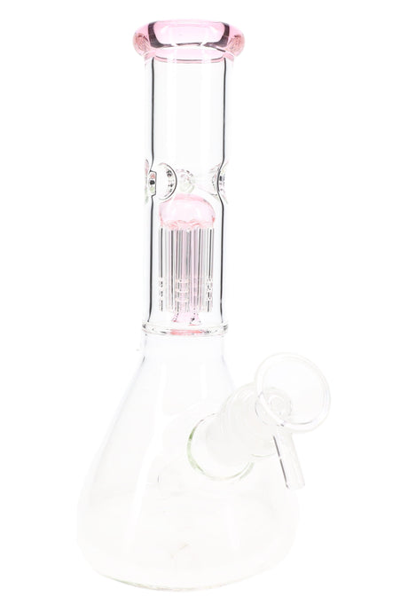 Clear 8½″ GoG beaker bong with pink accent glass, six-arm tree perc and ice pinch, angled hero view