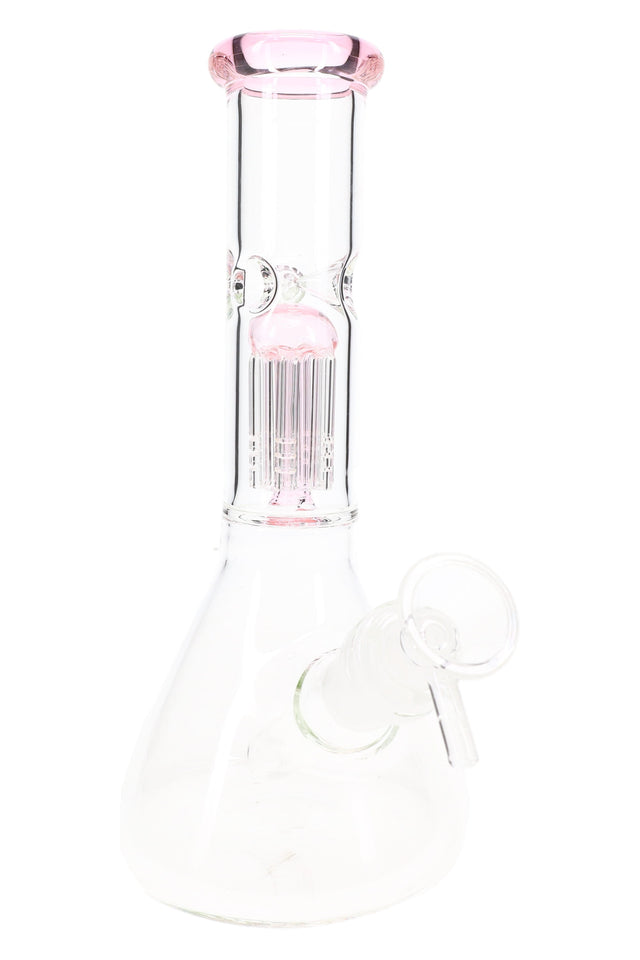 Clear 8½″ GoG beaker bong with pink accent glass, six-arm tree perc and ice pinch, angled hero view