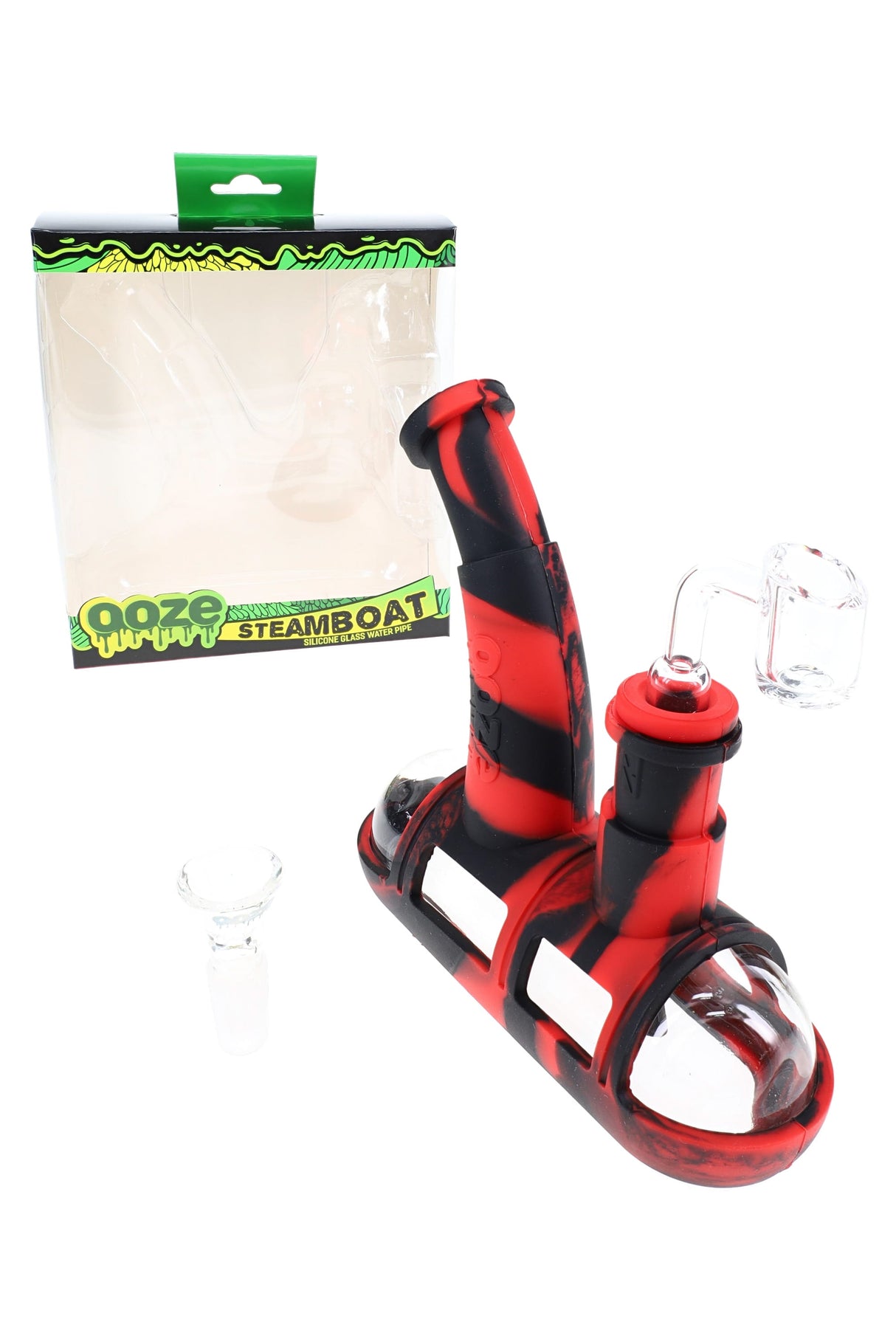 Ooze Steamboat silicone and glass bubbler dab rig with 14 mm banger, black-red body, submarine-style base beside retail box.