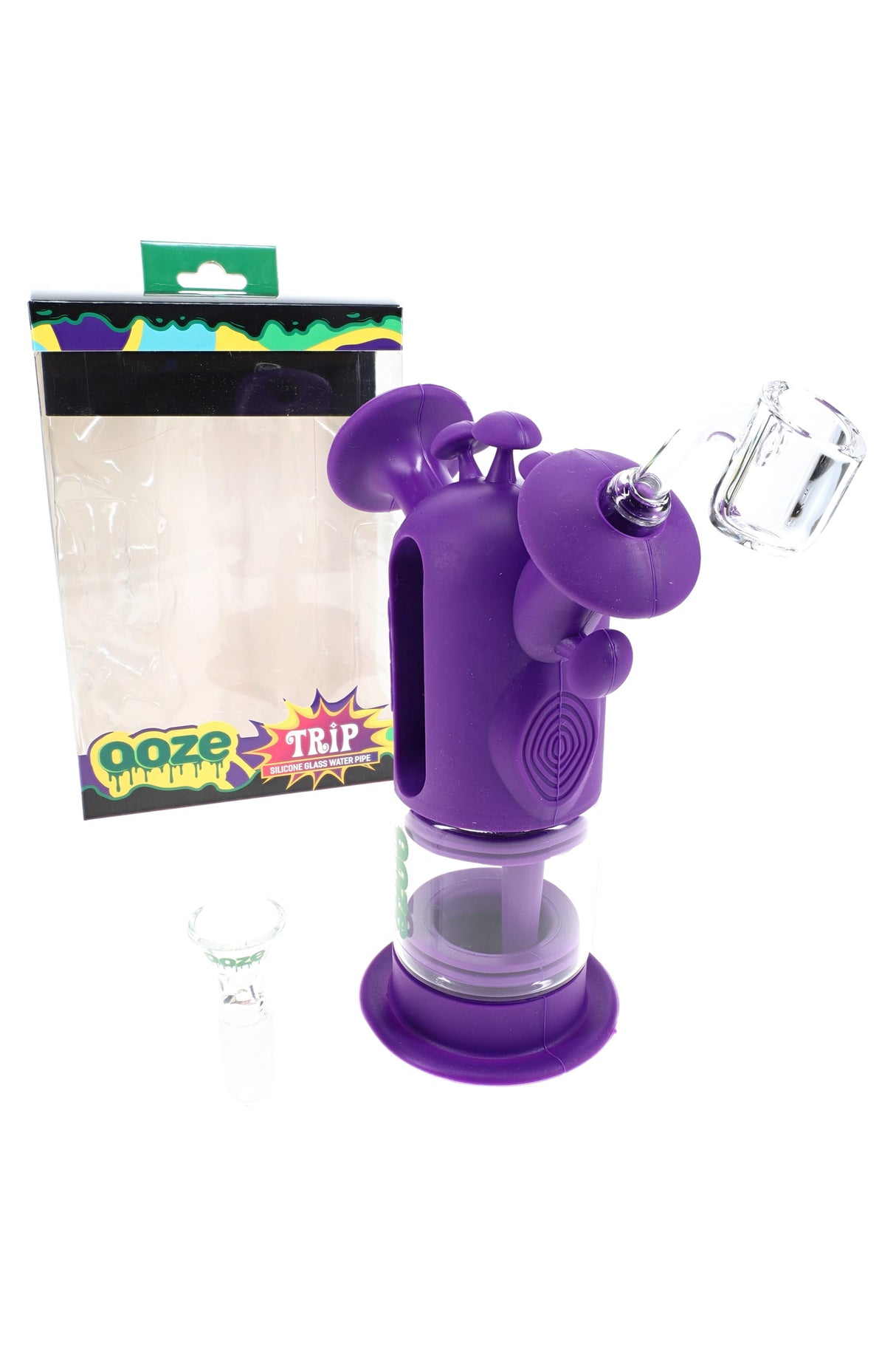 Purple Ooze “Trip” silicone and glass bubbler dab rig with 14 mm quartz banger and herb bowl, clear chamber and mushroom top.