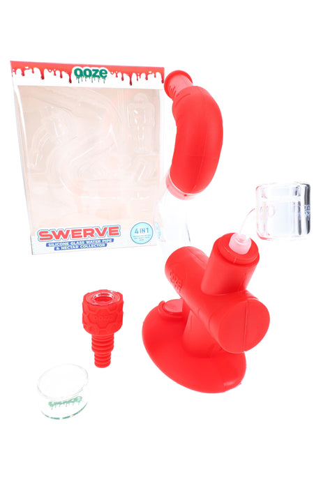 Red Ooze “Swerve” silicone and glass 4-in-1 bubbler dab rig with quartz banger, nectar tip, and glass concentrate jar.
