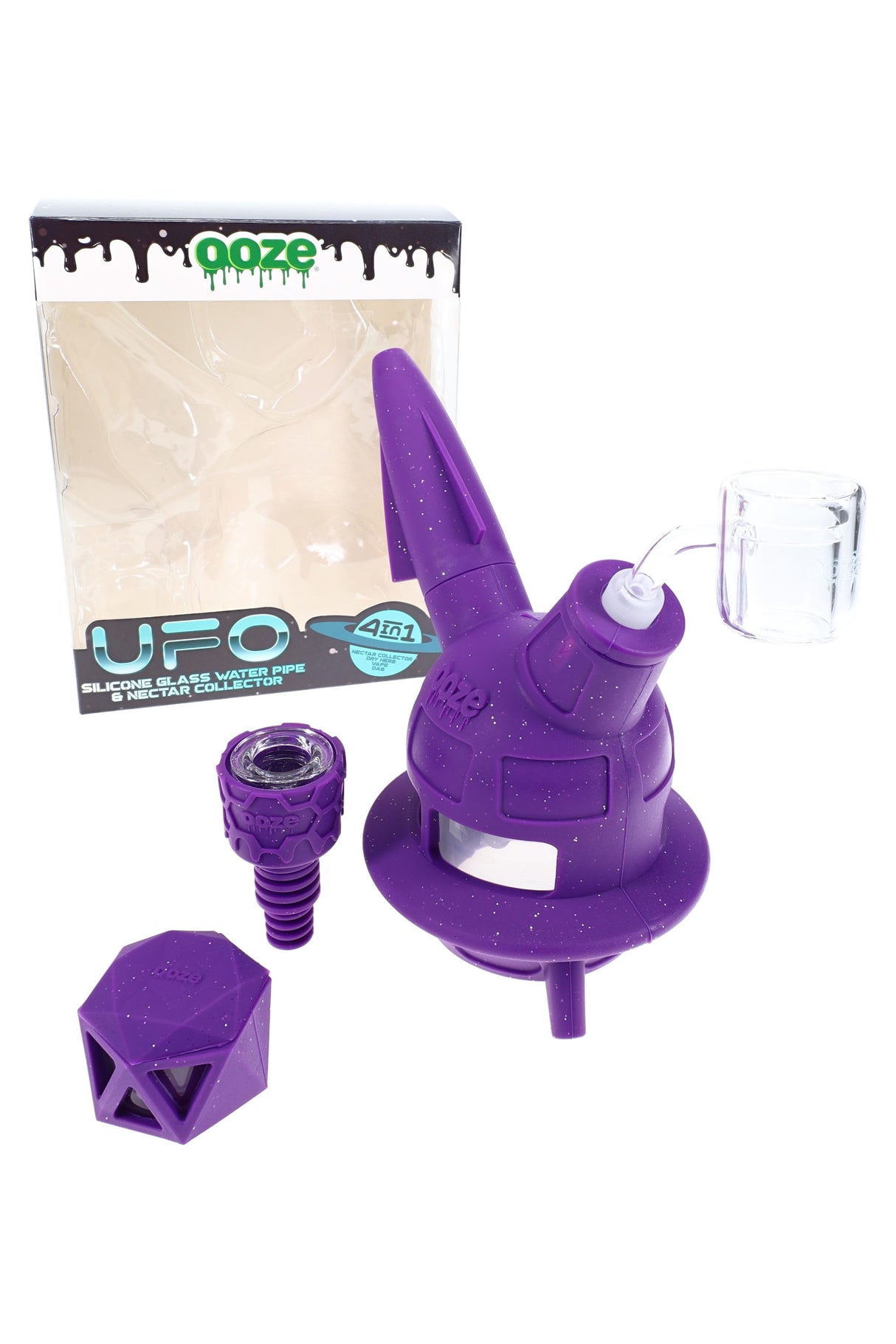 Purple Ooze “UFO” 4-in-1 silicone and glass bubbler with quartz banger, nectar collector tip, and silicone concentrate jar.