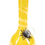Yellow glazed ceramic bong with rounded base, tall neck, black sun decal and clear slide bowl.