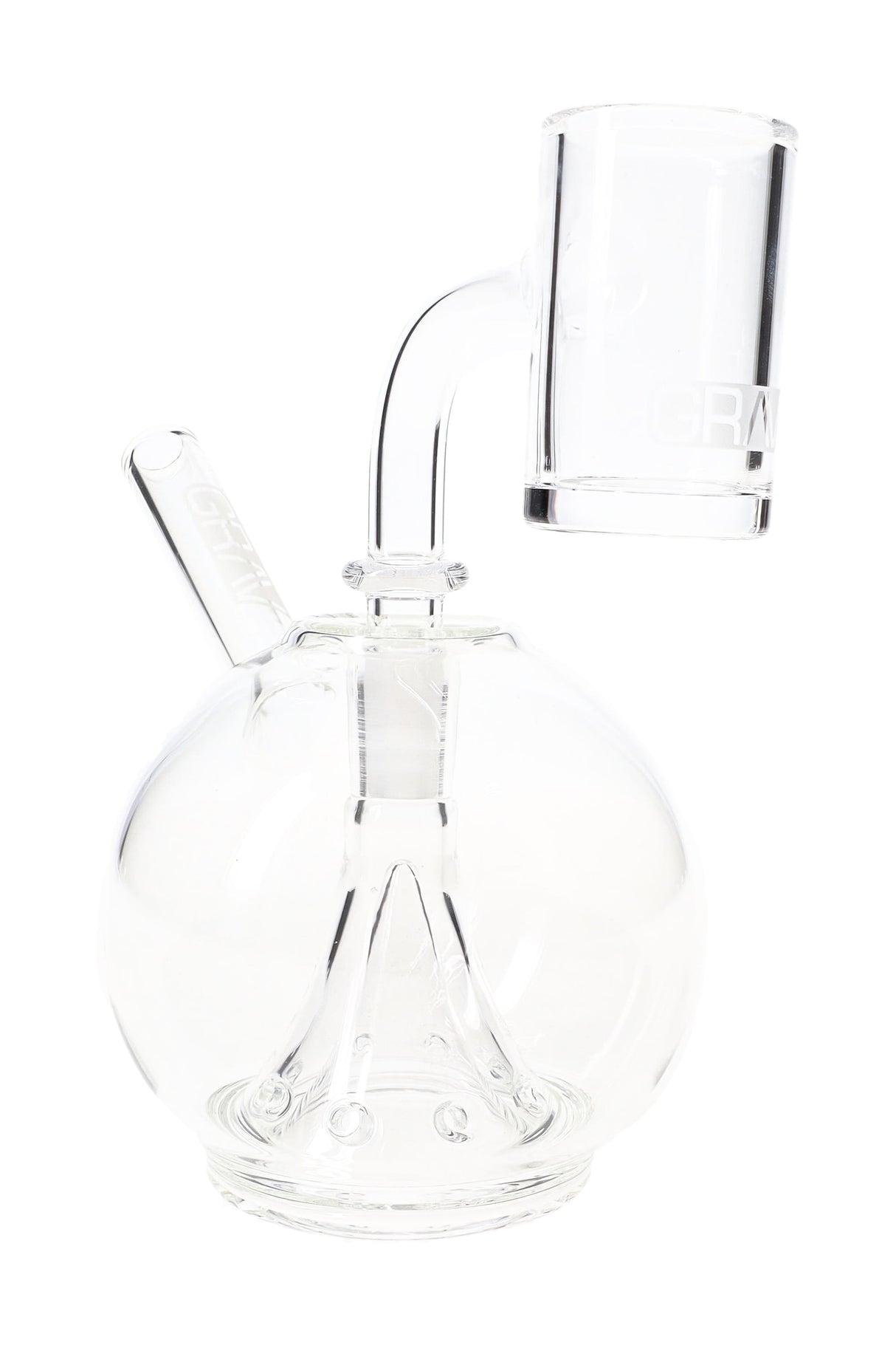Compact 7.5-inch clear GRAV Eclipse dab rig at side angle showing spherical chamber and quartz banger, on white backdrop.