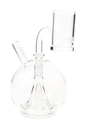 Compact 7.5-inch clear GRAV Eclipse dab rig at side angle showing spherical chamber and quartz banger, on white backdrop.