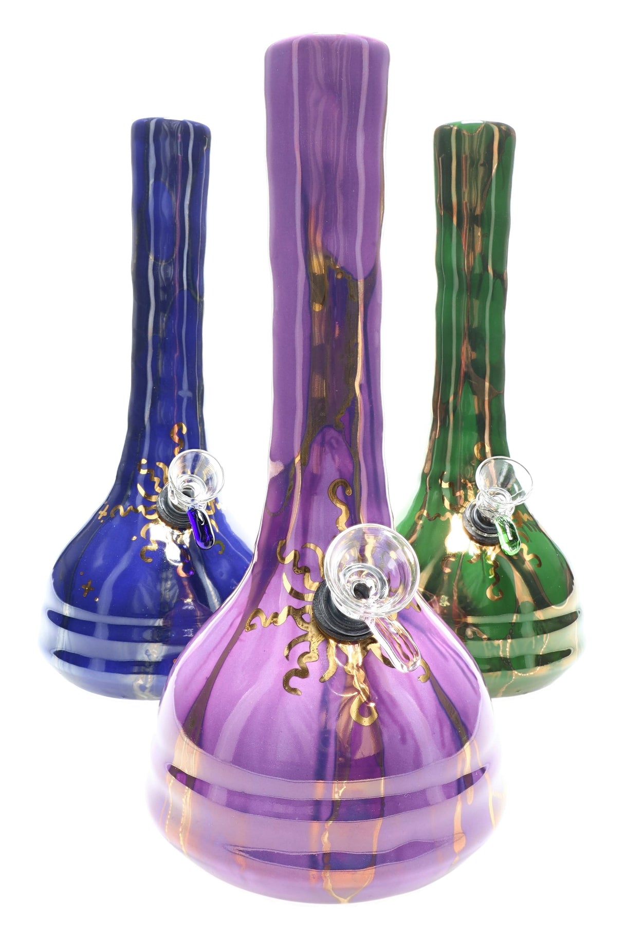 Hand-thrown 9-inch ceramic beaker water pipe with 22 k gold sunburst design, shown in purple, blue, and green glazes with glass slide and grommet bowl on white background.