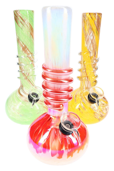 Trio of 8-inch metallic swirl beaker bongs in assorted pink, green, and yellow soft glass with raised spiral grips, displayed on white background.