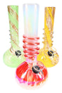 Trio of 8-inch metallic swirl beaker bongs in assorted pink, green, and yellow soft glass with raised spiral grips, displayed on white background.