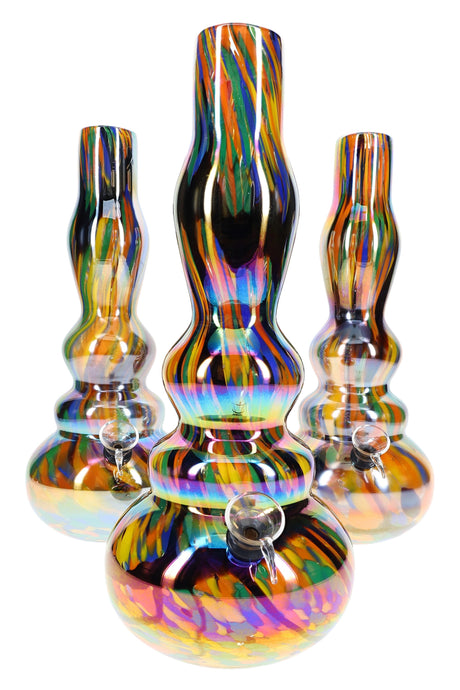 Three 12-inch rainbow metallic gourd bongs with multicolor glass and grommet bowls displayed on white background