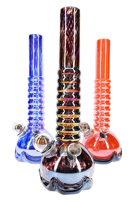 14-inch multicolor metallic beaker bong with ribbed neck, wide soft-glass base, and decorative marble accent, shown upright on white background.