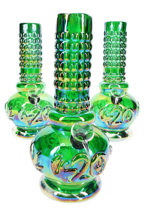 Group of three 8.5-inch metallic green beaker bongs with ribbed necks and raised “420” leaf logo, shimmering rainbow finish on white backdrop.
