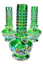 Group of three 8.5-inch metallic green beaker bongs with ribbed necks and raised “420” leaf logo, shimmering rainbow finish on white backdrop.
