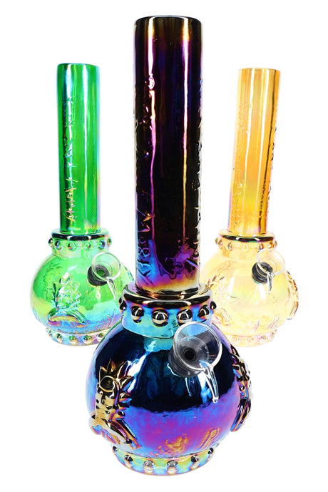 Trio of 10-inch rainbow metallic soft-glass character beaker bongs with studded neck rings and grommet bowls, displayed on white background.