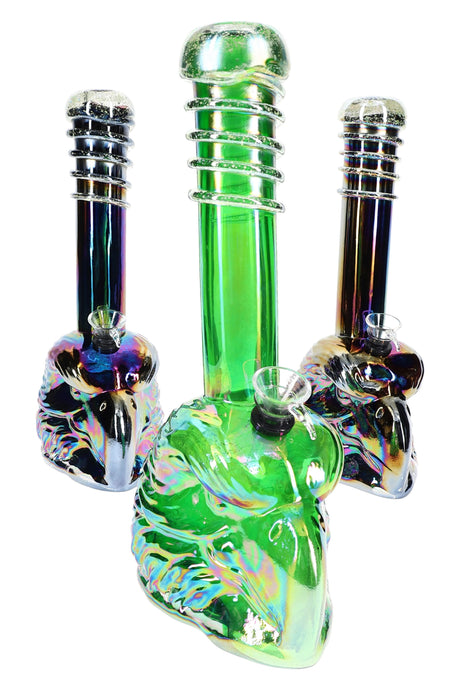 Three 11-inch rainbow metallic eagle bongs with sculpted beaker bases and glow necks displayed on white background.