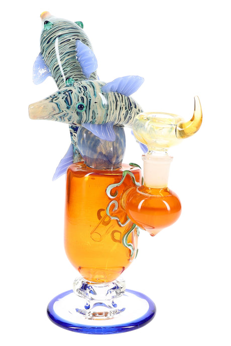 9-inch silver-fumed stemless glass bong with suspended dolphin perc and clear funnel bowl, displayed upright on white background.