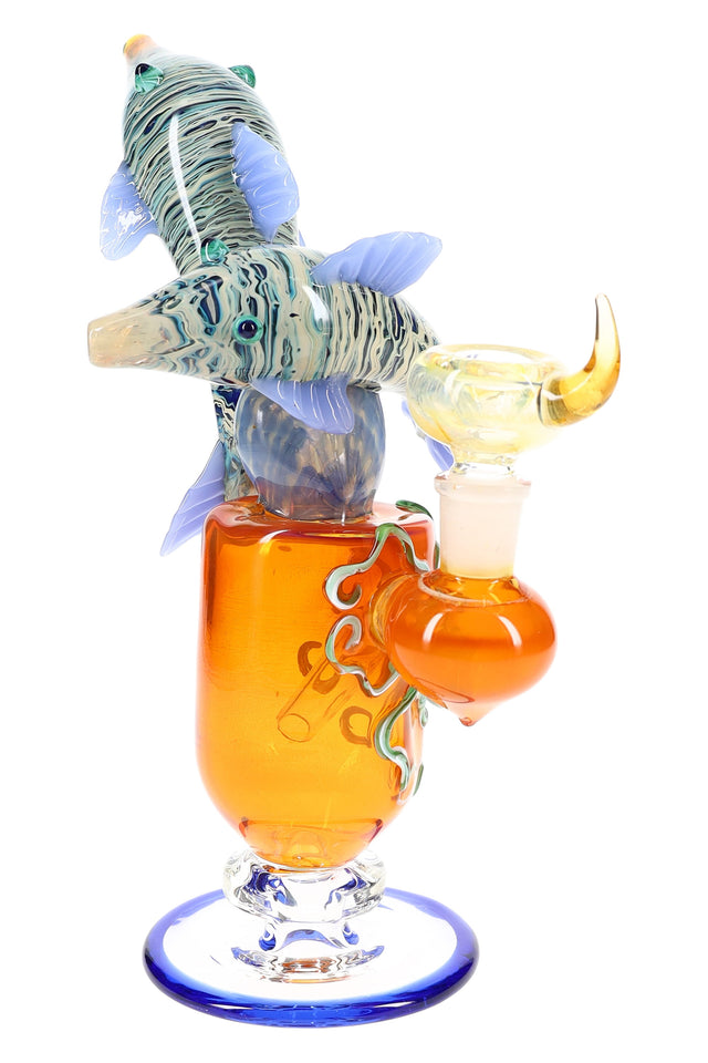 9-inch silver-fumed stemless glass bong with suspended dolphin perc and clear funnel bowl, displayed upright on white background.