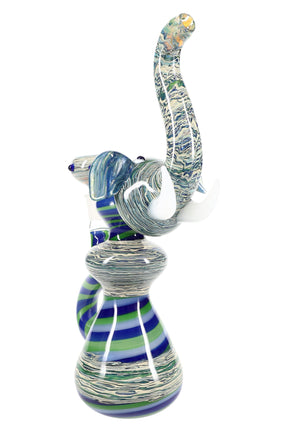 Silver-fumed 10-inch stemless glass elephant bong with reverse spiral stripes, white tusks, and 14.5 mm female joint displayed upright on white background.