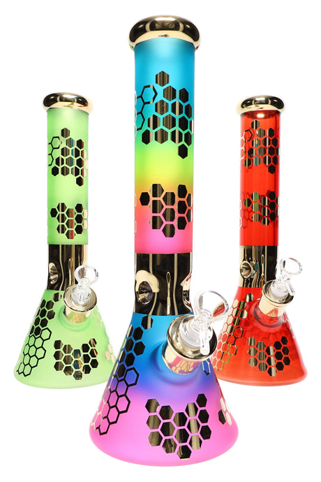 14-inch frosted 7 mm beaker with metallic honeycomb accents, 18.8 mm joint, 14.5 mm bowl, and ice pinch, wide clear base shown on a white background.