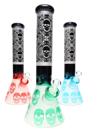 14-inch frosted skull beaker glass bong with 18.8 mm joint, included 14.5 mm bowl, removable 5.5″ downstem, and ice pinch; multicolor accents, white backdrop.