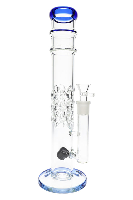 14″ straight tube glass bong with blue accents, ice pinch, bubble-grip texture and glass-on-glass herb bowl, shown on a round base.