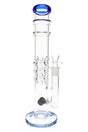 14″ straight tube glass bong with blue accents, ice pinch, bubble-grip texture and glass-on-glass herb bowl, shown on a round base.