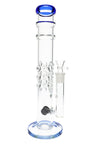 14″ straight tube glass bong with blue accents, ice pinch, bubble-grip texture and glass-on-glass herb bowl, shown on a round base.