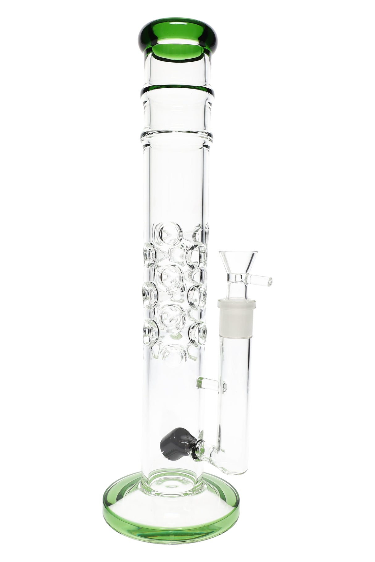 14″ straight tube glass bong with green lip and base, ice pinch and bubble-grip neck, includes removable glass herb bowl.