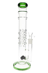 14″ straight tube glass bong with green lip and base, ice pinch and bubble-grip neck, includes removable glass herb bowl.