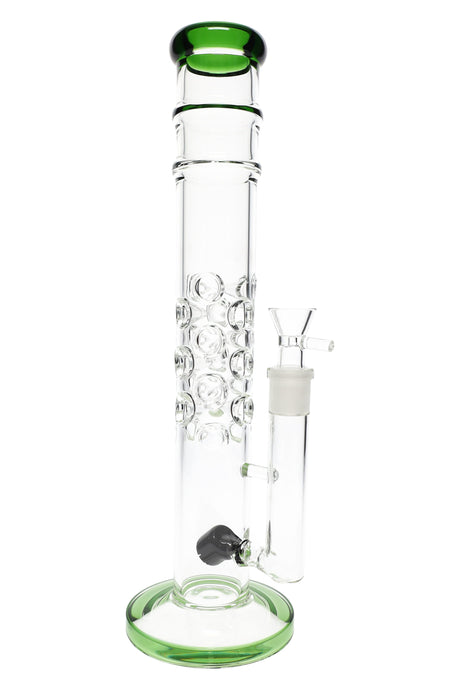 14″ straight tube glass bong with green lip and base, ice pinch and bubble-grip neck, includes removable glass herb bowl.