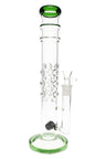 14″ straight tube glass bong with green lip and base, ice pinch and bubble-grip neck, includes removable glass herb bowl.