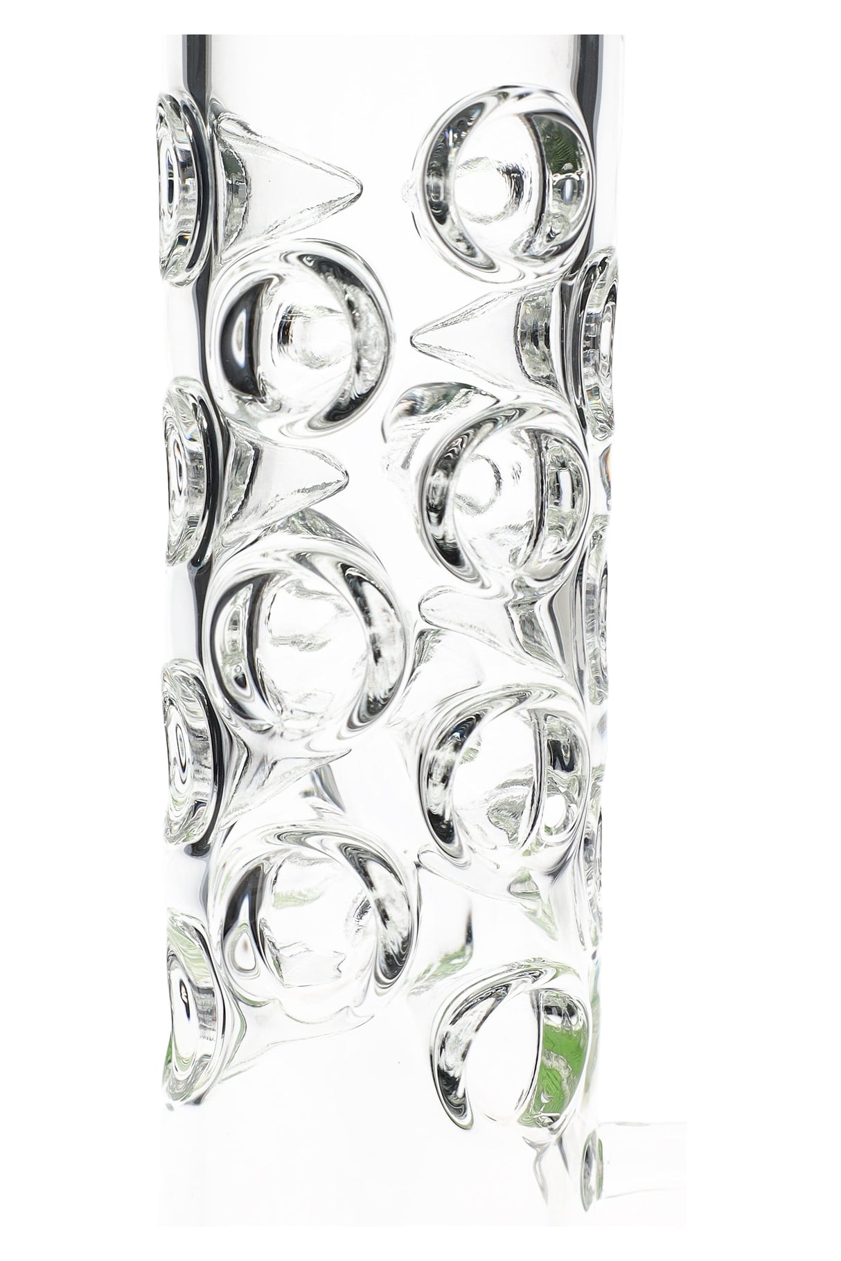 Detail of the bubbled grip texture on the neck of the straight tube glass bong, clear glass with raised circles.