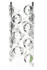 Detail of the bubbled grip texture on the neck of the straight tube glass bong, clear glass with raised circles.