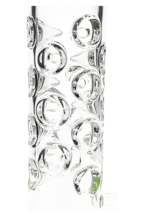 Detail of the bubbled grip texture on the neck of the straight tube glass bong, clear glass with raised circles.