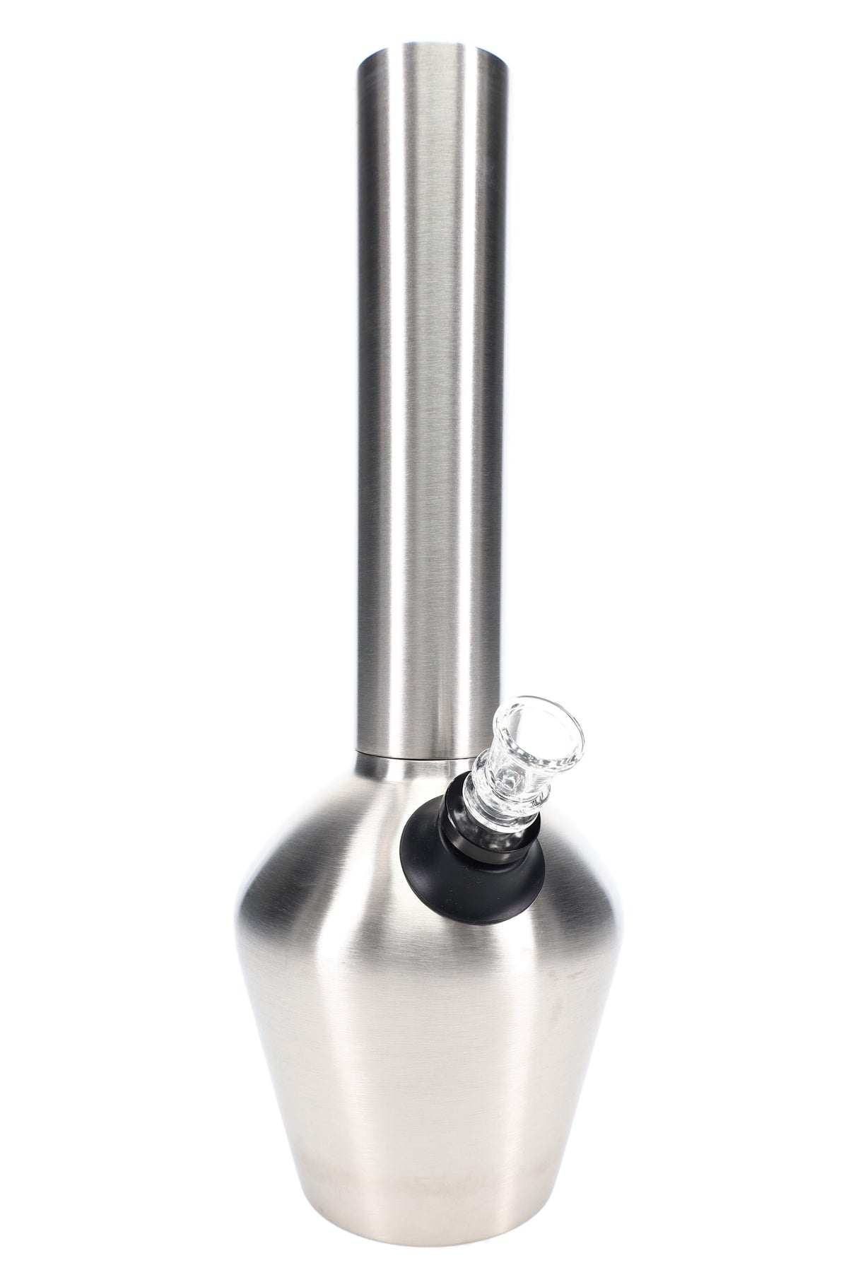 Brushed stainless steel beaker bong, 13″ vacuum-insulated body with 14.5 mm female joint and clear glass slide attached.