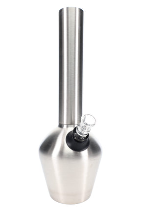 Brushed stainless steel beaker bong, 13″ vacuum-insulated body with 14.5 mm female joint and clear glass slide attached.