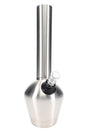 Brushed stainless steel beaker bong, 13″ vacuum-insulated body with 14.5 mm female joint and clear glass slide attached.