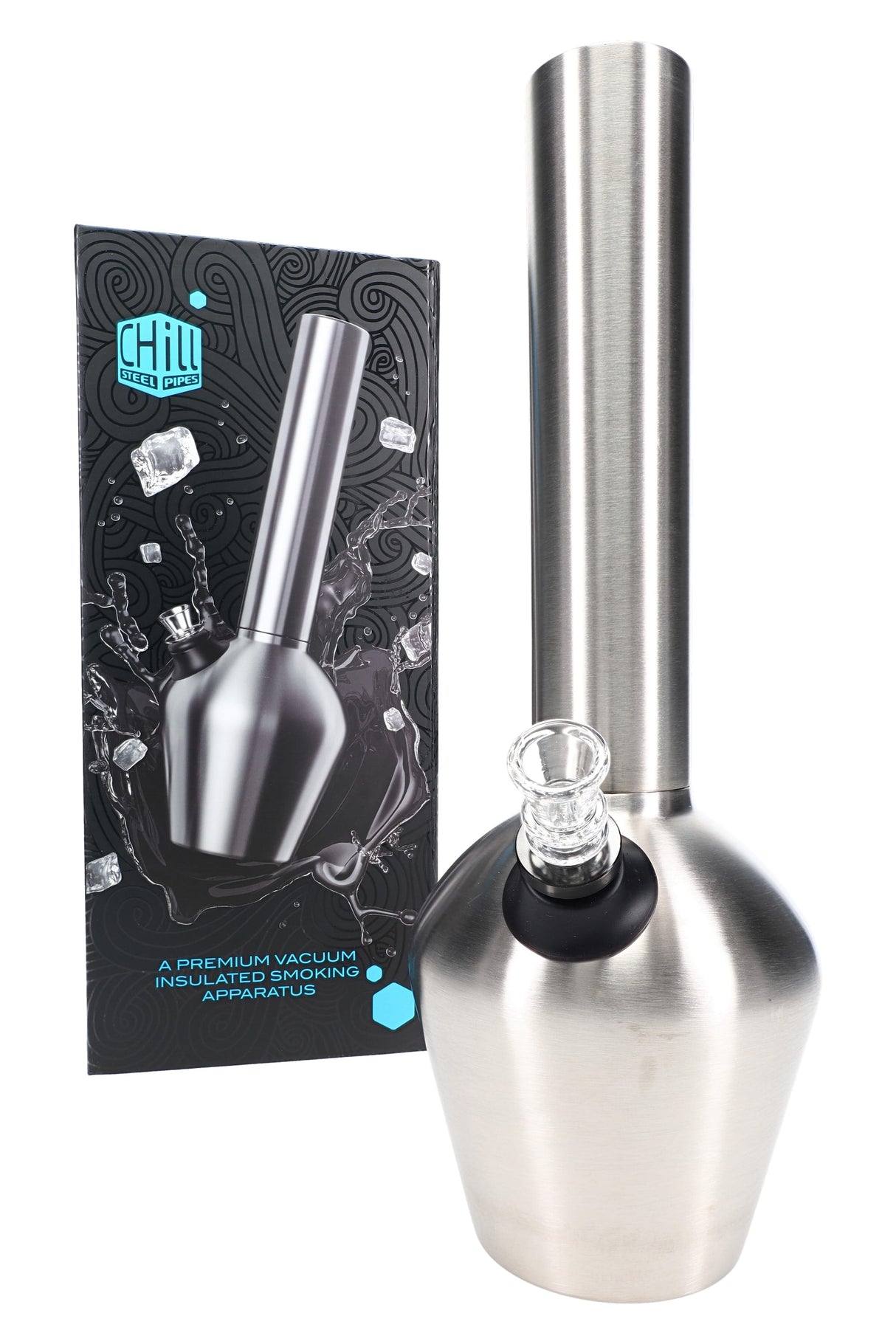 Chill Steel Pipes 13″ stainless beaker bong beside retail box, ceramic-lined and vacuum-insulated base with clear glass bowl.