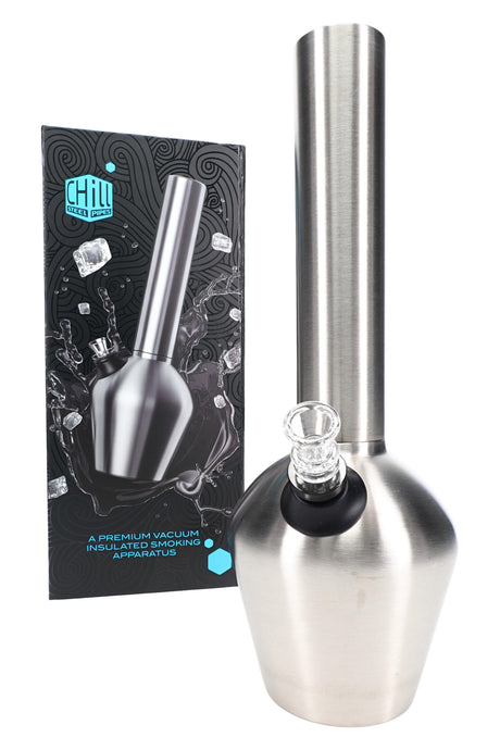 Chill Steel Pipes 13″ stainless beaker bong beside retail box, ceramic-lined and vacuum-insulated base with clear glass bowl.