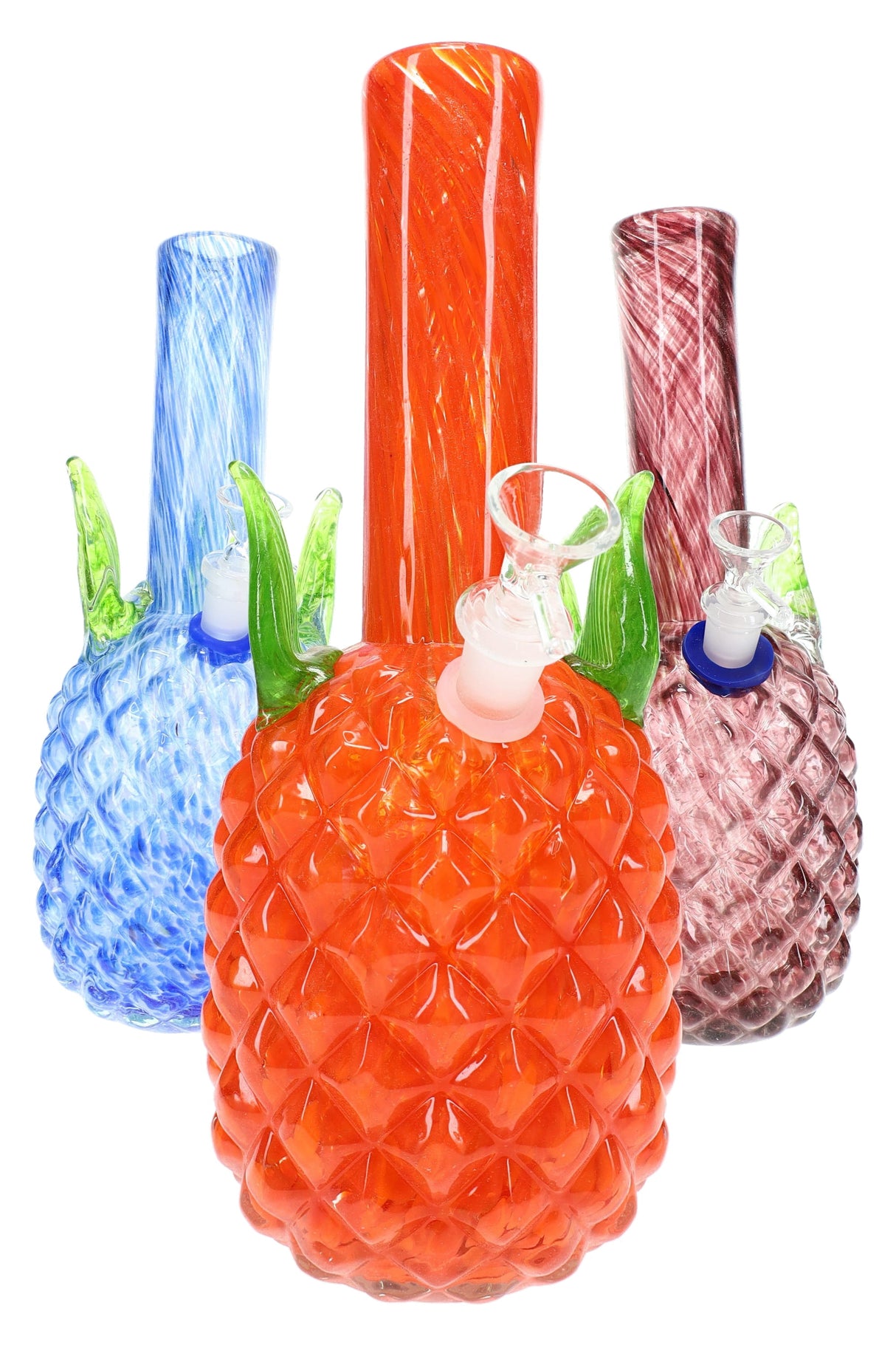 Close trio of pineapple-textured soft glass bongs showing orange, blue, and rose colorways with green leaf accents and swirled necks.