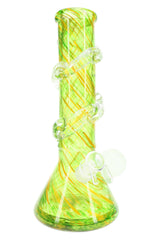 Green soft glass beaker bong with yellow spiral pattern and clear spiral grip rings plus side marble; stable base and glow accents.
