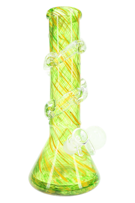 Green soft glass beaker bong with yellow spiral pattern and clear spiral grip rings plus side marble; stable base and glow accents.