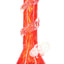 Red soft glass beaker water pipe showing clear spiral grips around the neck and a side marble accent; flared beaker bottom.