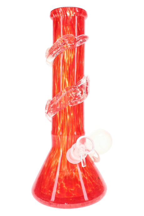 Red soft glass beaker water pipe showing clear spiral grips around the neck and a side marble accent; flared beaker bottom.
