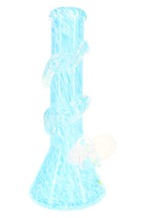 Light aqua beaker bong in soft glass with spiral neck grips and matching side marble; classic beaker profile for stability.